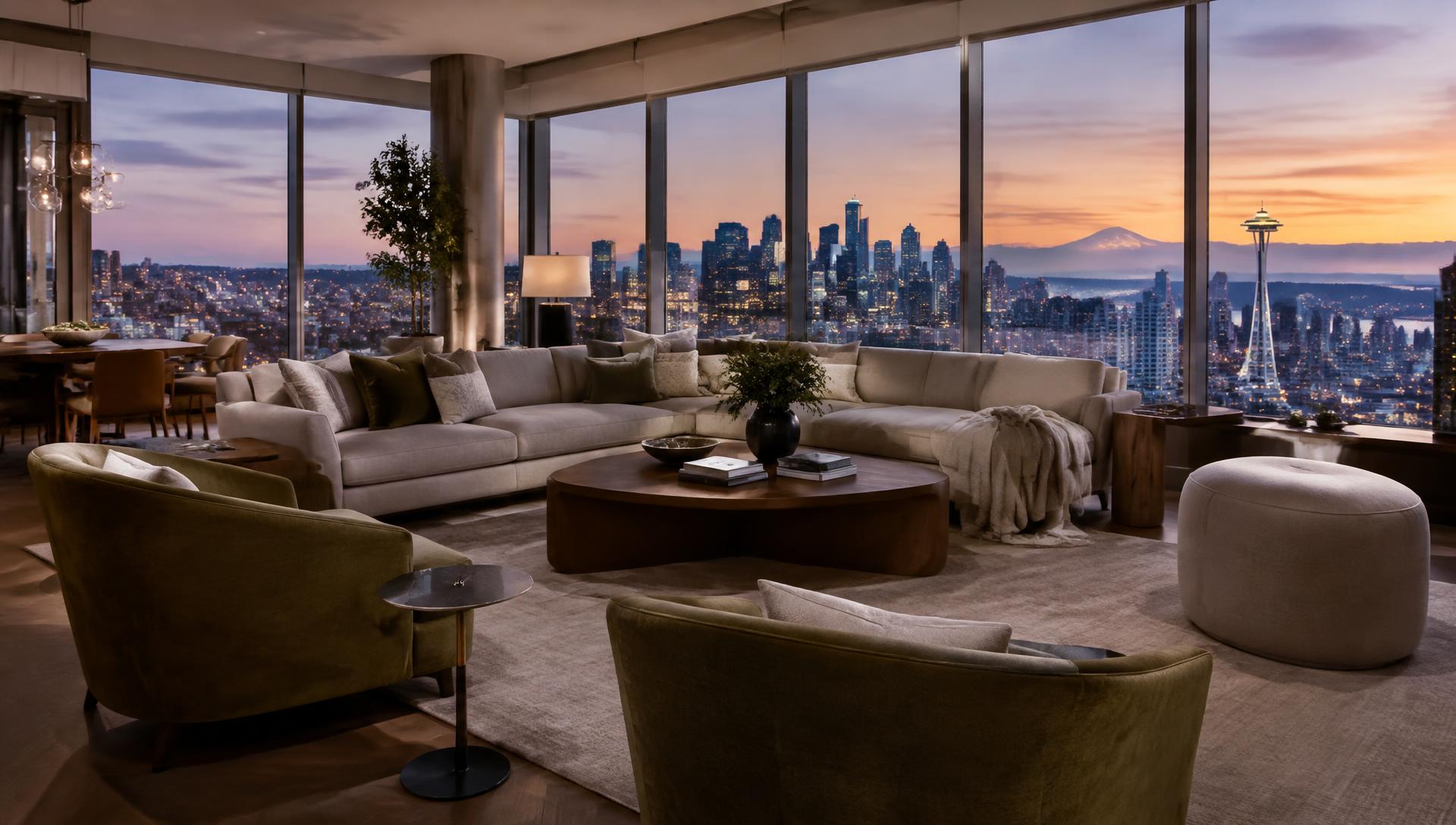 Seattle penthouse living room with skyline and Space Needle view at dusk