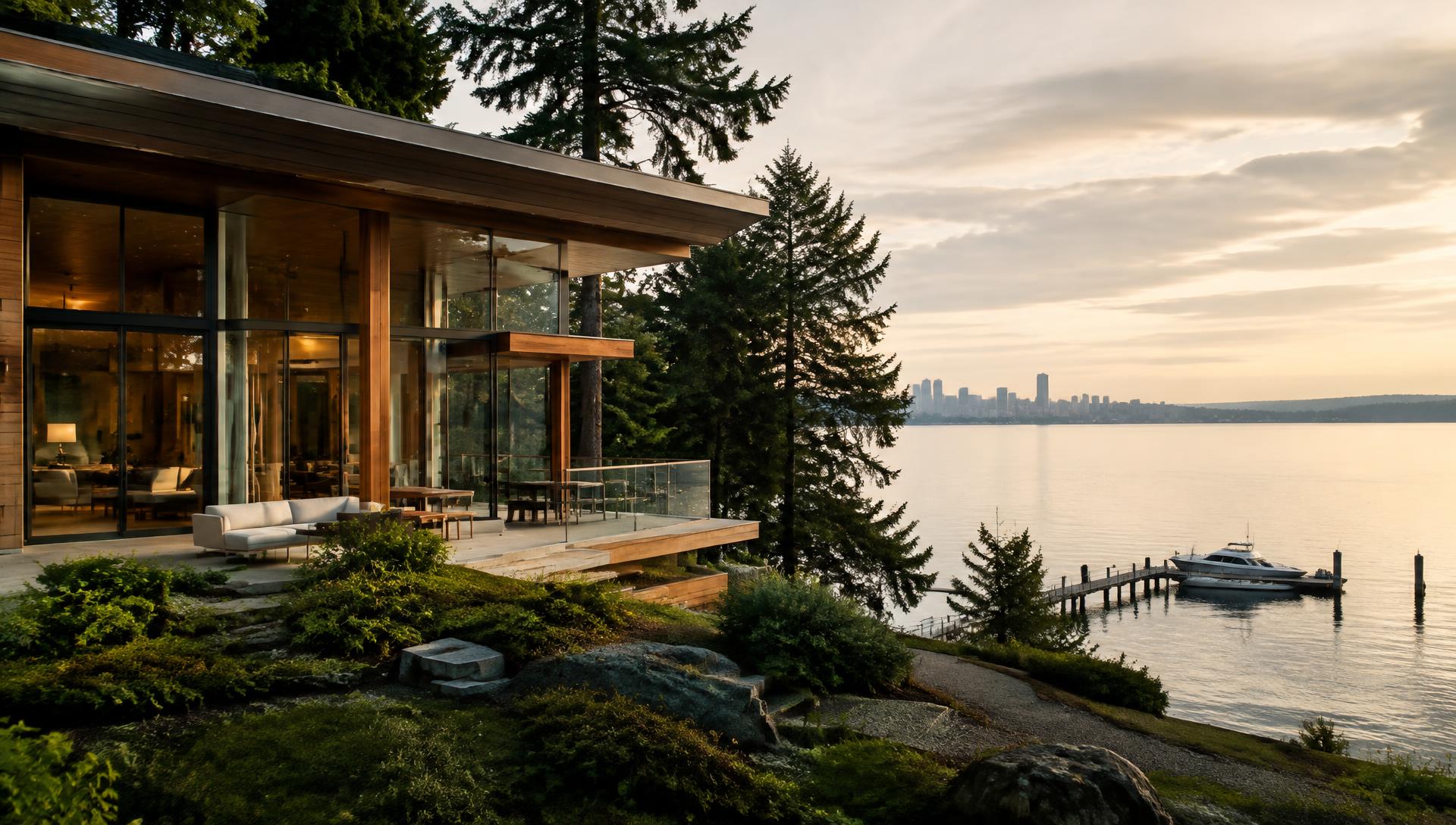 Contemporary cedar and glass waterfront home on Lake Washington surrounded by evergreens