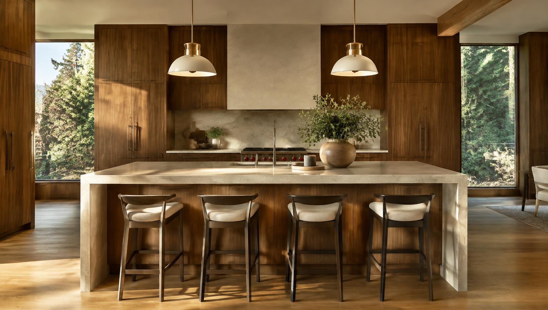 Walnut kitchen with stone island and pendant lighting