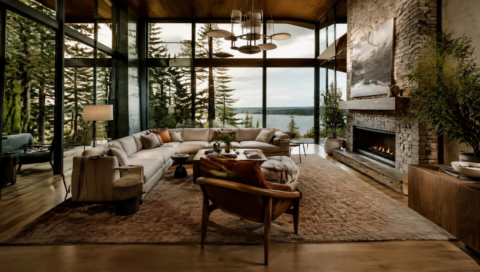 Pacific Northwest living room with cream sectional and forest views