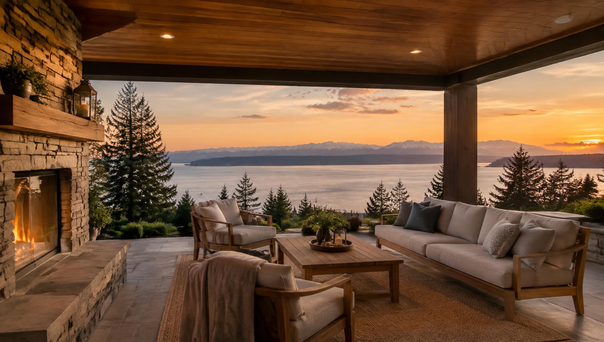 Covered terrace overlooking Puget Sound at sunset